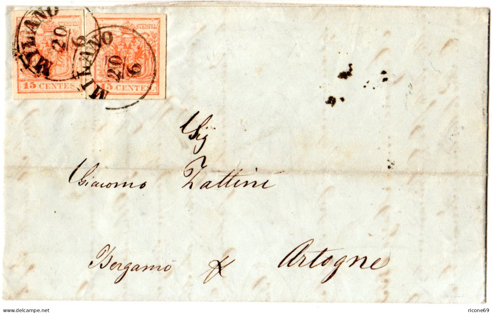 Italien Lombardei 1855, MeF 2x3 Kr. Je Breitrandig Auf Brief M. Klaren K1 Milano - Lombardo-Veneto