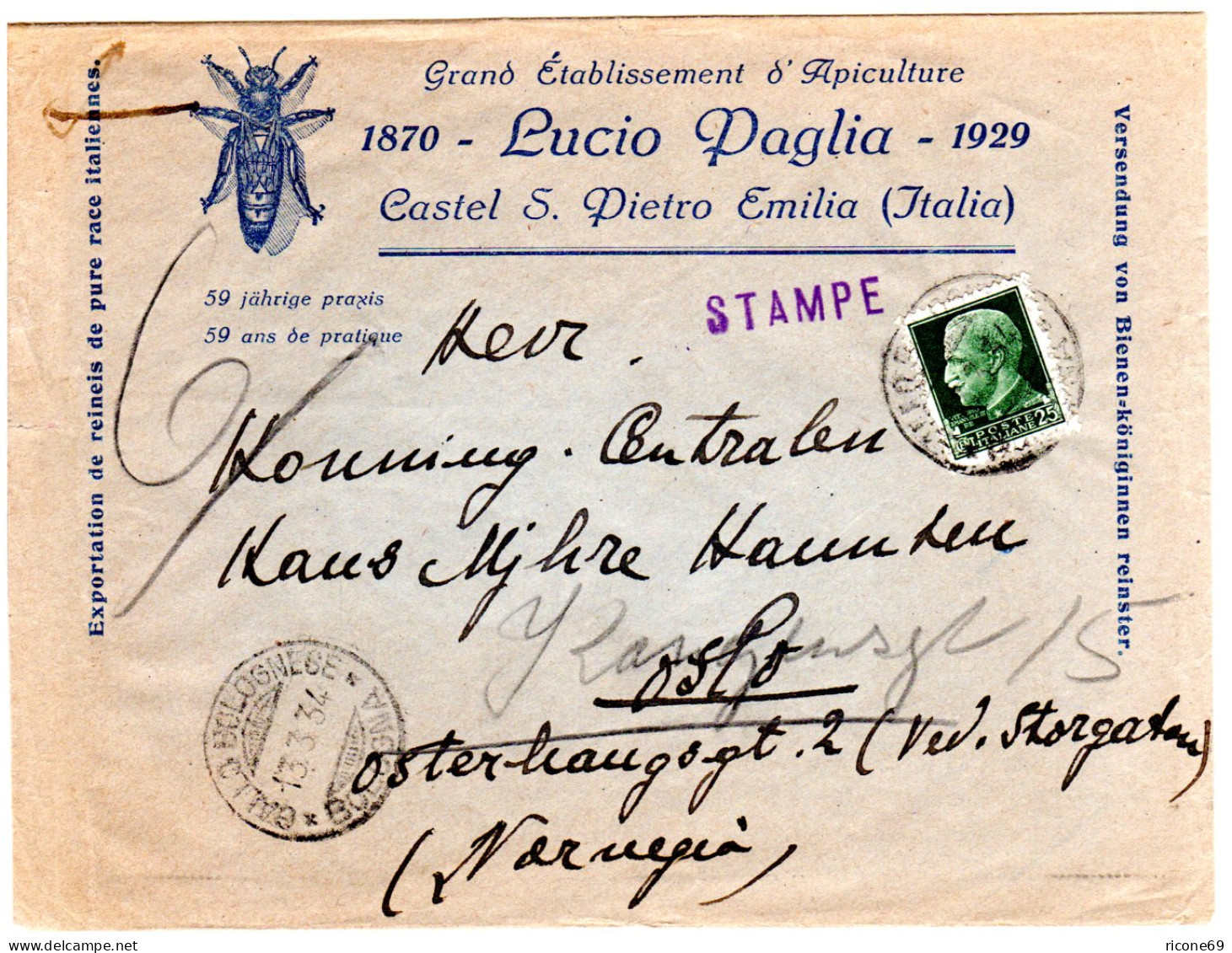 Italien 1934, 25 C. Auf Bienen Drucksachenumschlag V. Gallo Bologna N. Norwegen - Non Classés