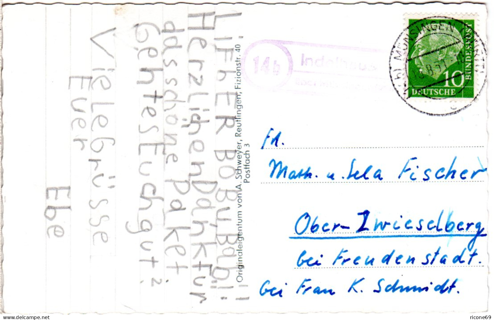 BRD 1959, Landpoststempel 14b INDELHAUSEN über Münsingen Auf Karte M. 10 Pf.  - Lettres & Documents