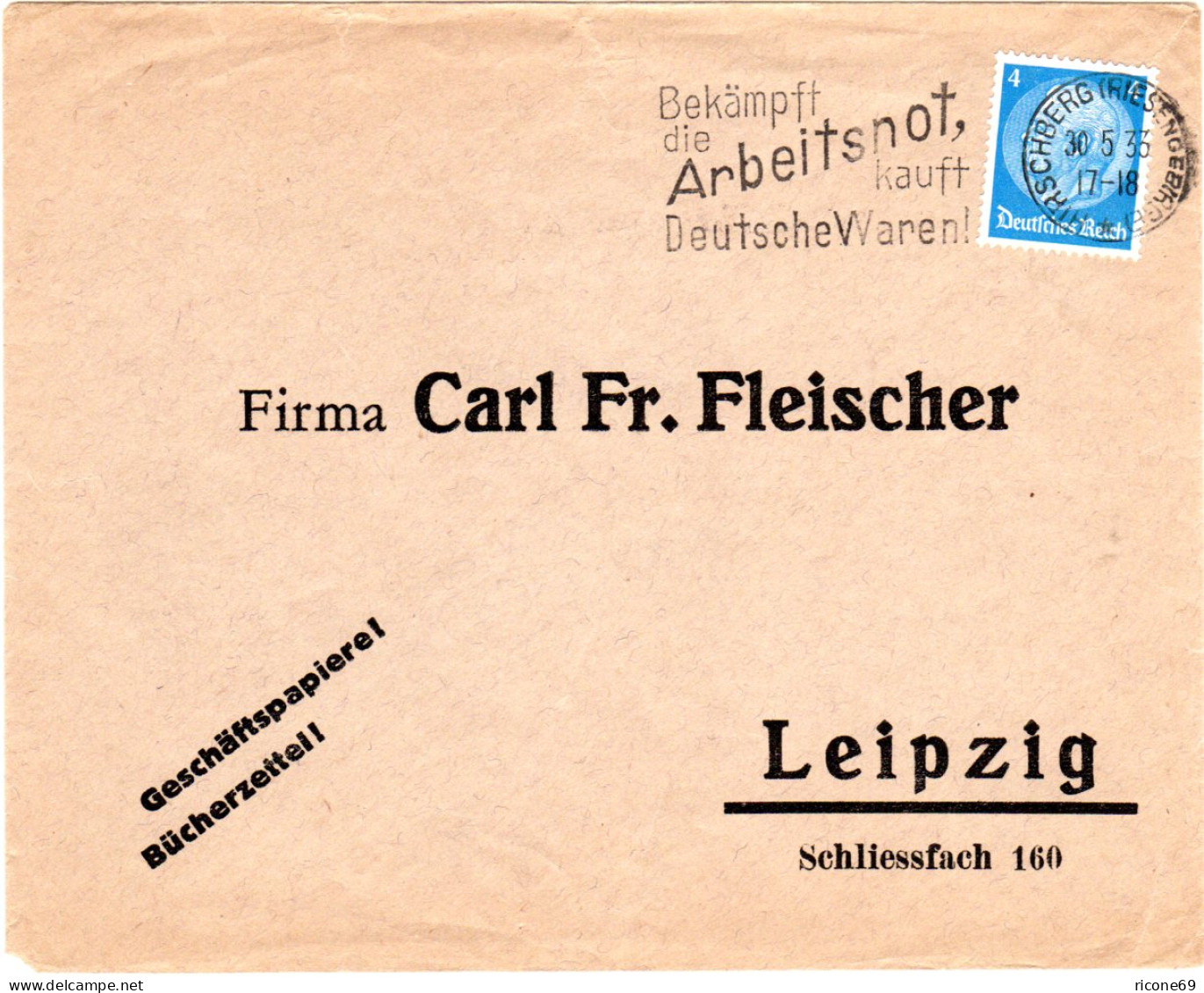 DR 1933, Maschinenstpl. Hirschberg Riesengebirge Auf Brief M. EF 4 Pf. - Lettres & Documents
