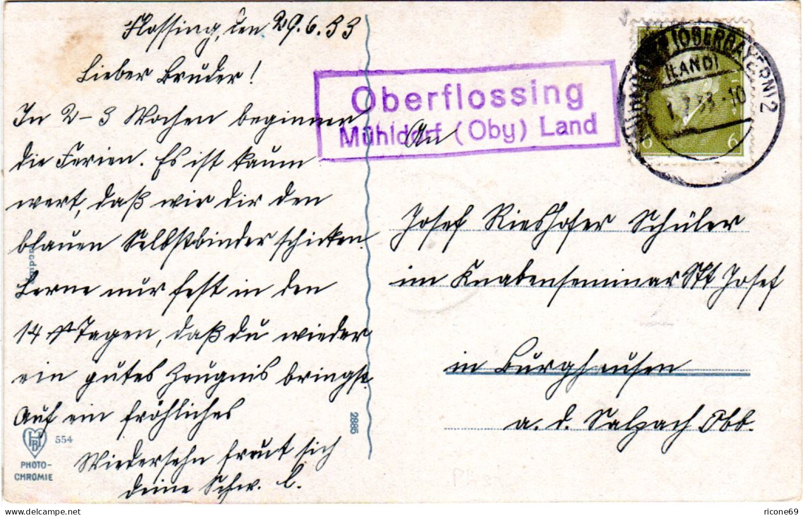 DR 1933, Landpost Stpl. OBERFLOSSING Mühldorf Land Auf Karte M. 6 Pf. - Brieven En Documenten