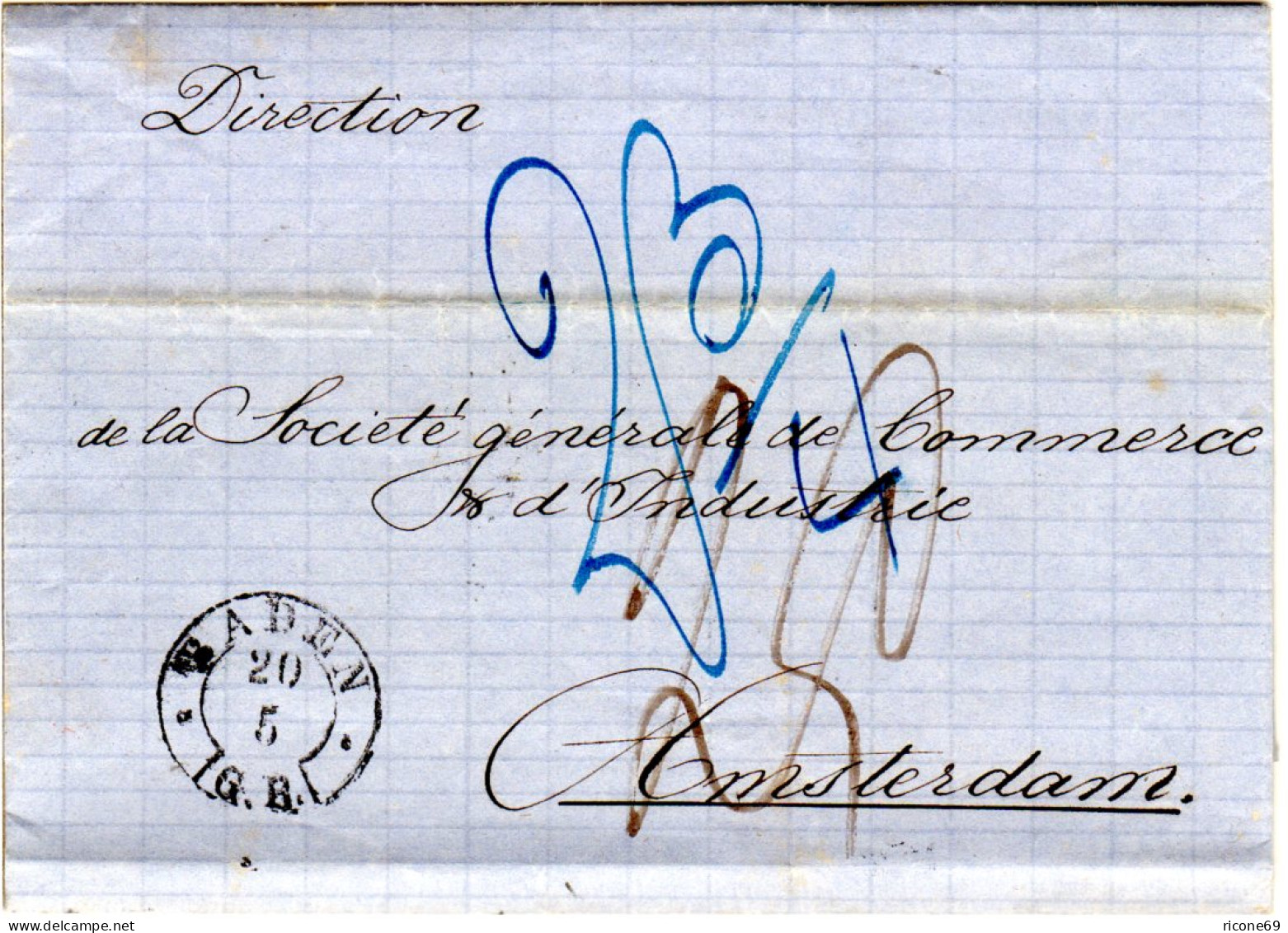 Baden 1865, K2 BADEN Auf Porto Brief I.d. NL. Rücks. 2x Bahnpost - Vorphilatelie