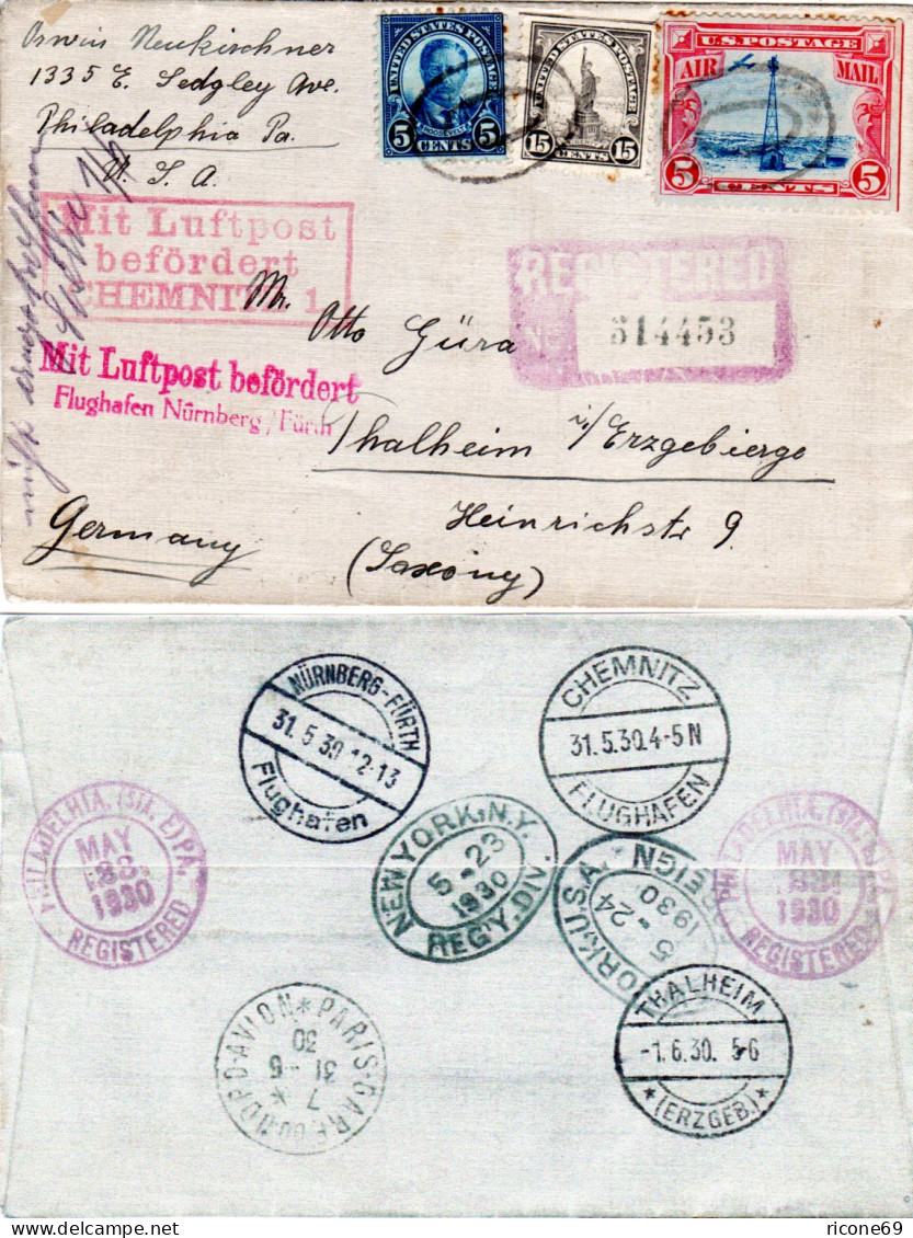 USA 1930, 3 Marken Auf Luftpost Reko Brief N. Deutschland M. Vielen Stempeln. - Other & Unclassified