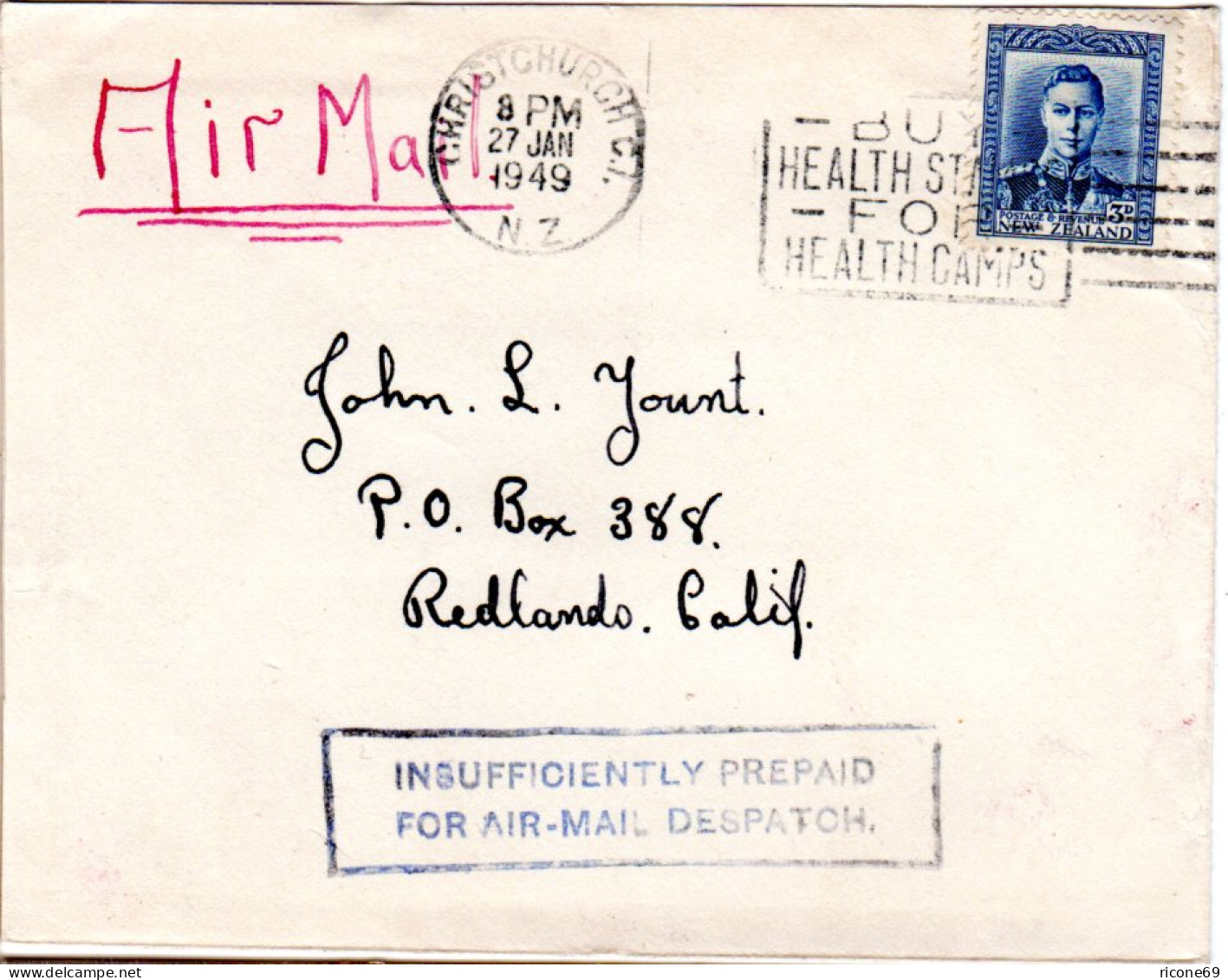 Neuseeland 1949, Luftpost Brief M. R1 Insufficiently Prepaid For Air-Mail... - Altri & Non Classificati