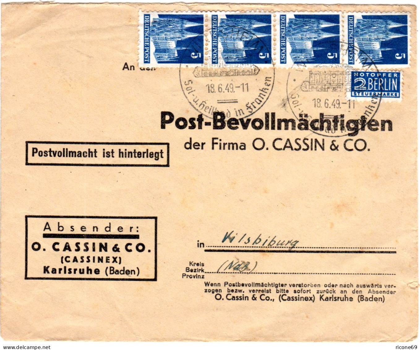 1949, MeF 4er-Streifen 5 Pf. Auf Firmen Vordruck Brief V. WINDSHEIM - Briefe U. Dokumente