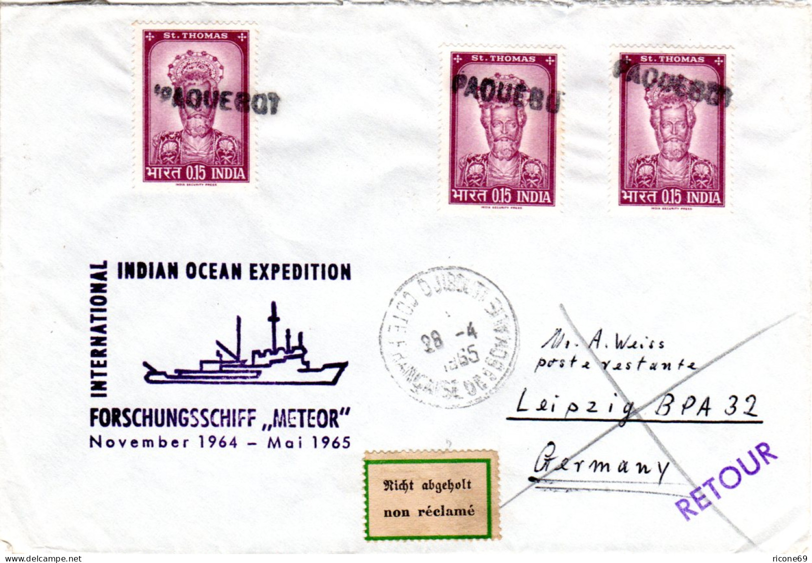 Indien 1965, 3 Marken Auf Djibouti PAQUEBOT Expeditions Schiffs Brief - Other & Unclassified