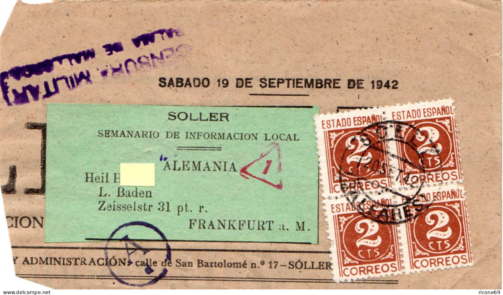 Spanien 1942, 4er-Block 2 C. Auf Zeitungsteil M. Zensur V. SOLER  N. Deutschland - Lettres & Documents