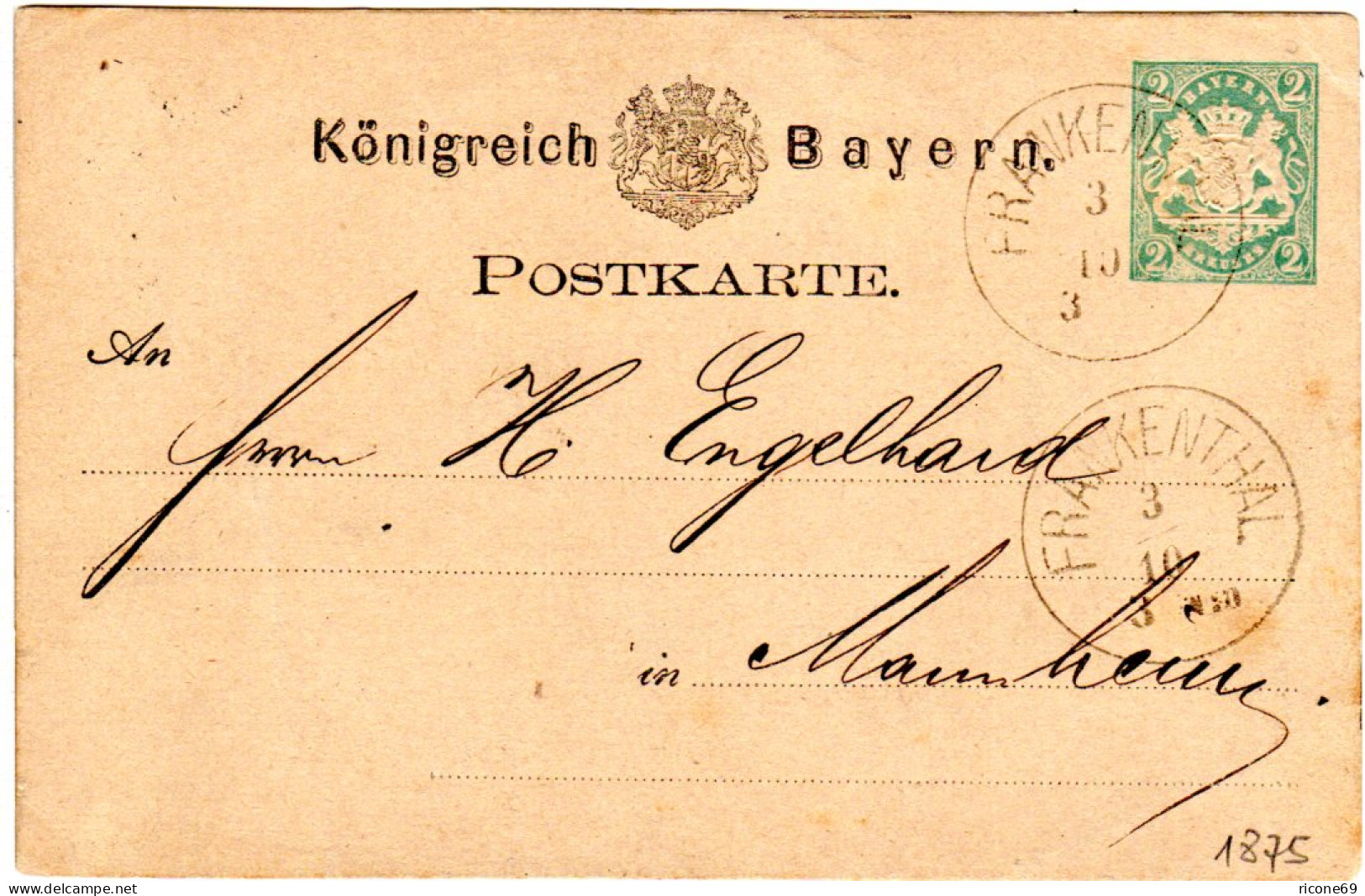 Bayern 1875, K1 FRANKENTHAL Klar Auf 2 Kr. Ganzsache - Lettres & Documents