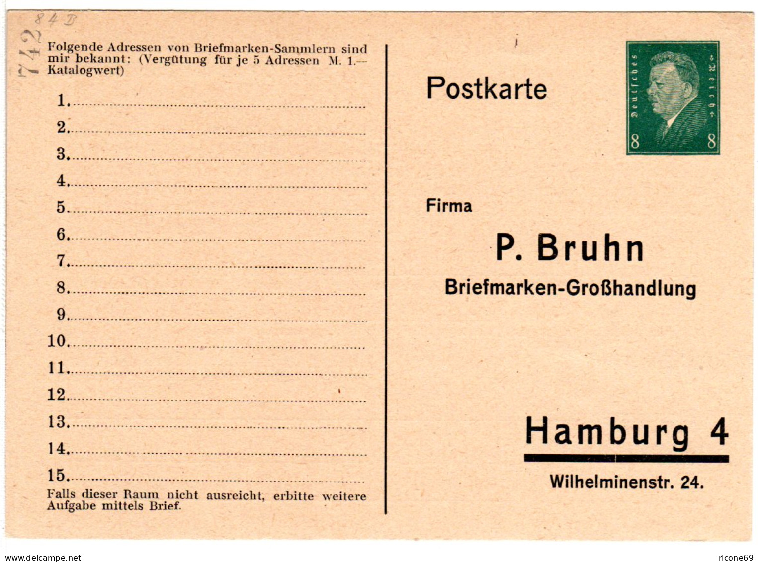 DR, Ungebr. 8 Pf. Privatganzsache P. Bruhn Briefmarken-Großhandlung Hamburg - Autres & Non Classés