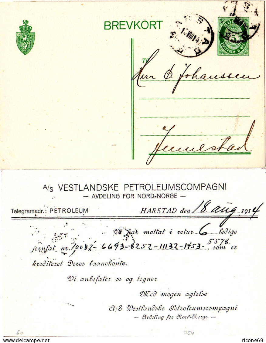 Norwegen 1914, 5 öre Ganzsache V. HARSTAD M. Zudruck Vestl. Petroleumscompagni - Aardolie