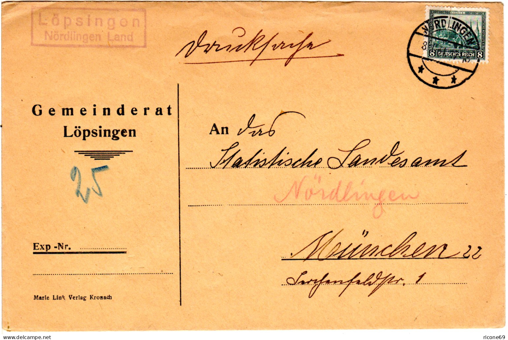 DR 1931, Landpost Stpl. LÖPSINGEN Nördlingen Land Auf Brief M. 8 Pf. - Cartas & Documentos