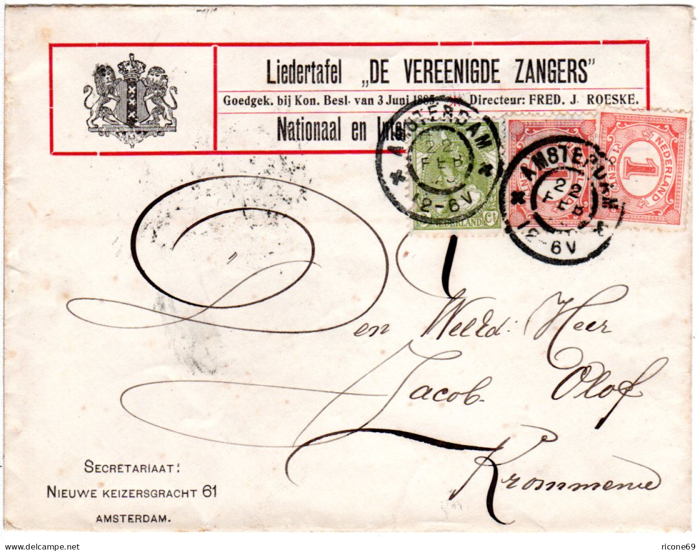 NL, 3+2x1 Ct. Auf Liedertafel Brief V. Amsterdam "De Vereenigde Zangers" - Altri & Non Classificati