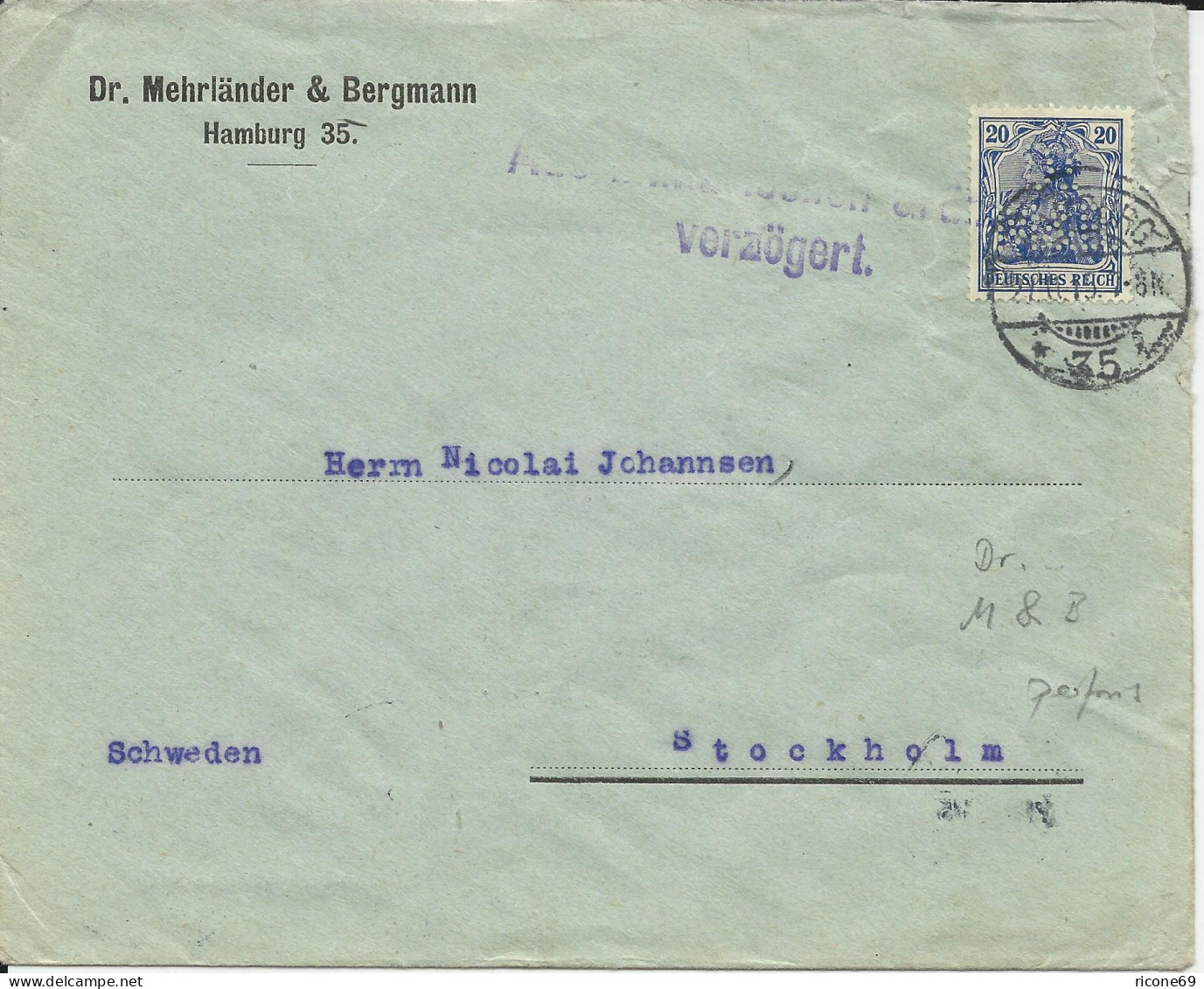 DR 1915, 20 Pf. M. Perfins Firmenlochung Auf Zensur Brief V. Hamburg N. Schweden - Briefe U. Dokumente