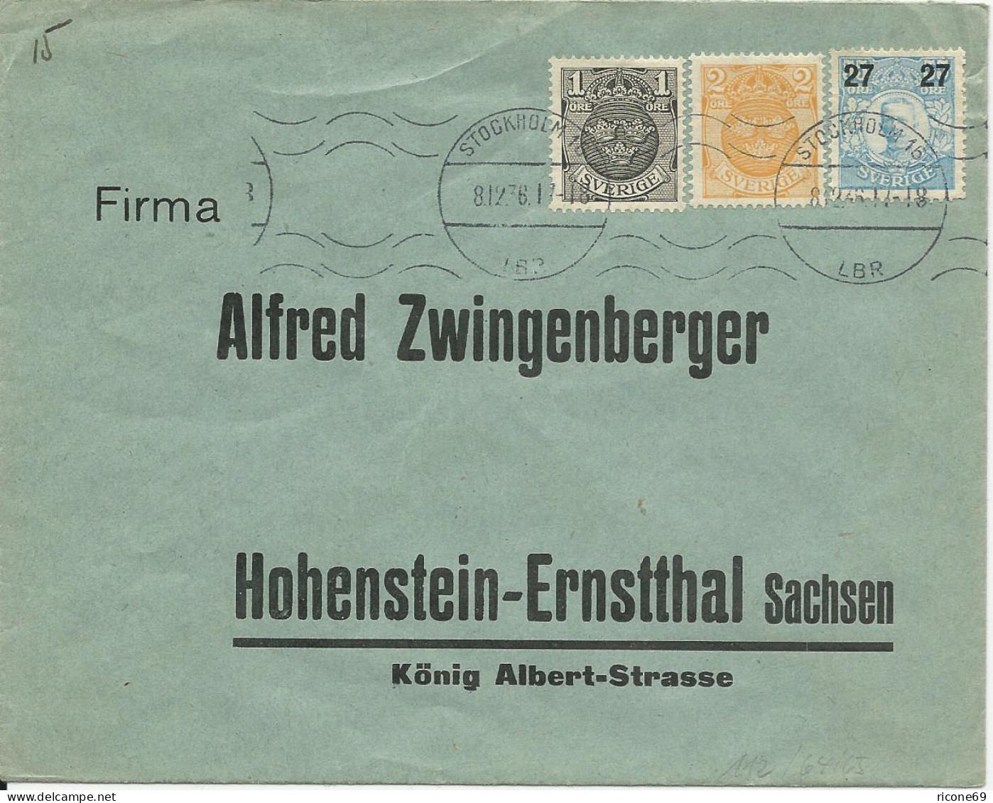 Schweden 1936, 27/55+1+2 öre Auf Brief V. Stockholm N. Deutschland. - Sonstige & Ohne Zuordnung