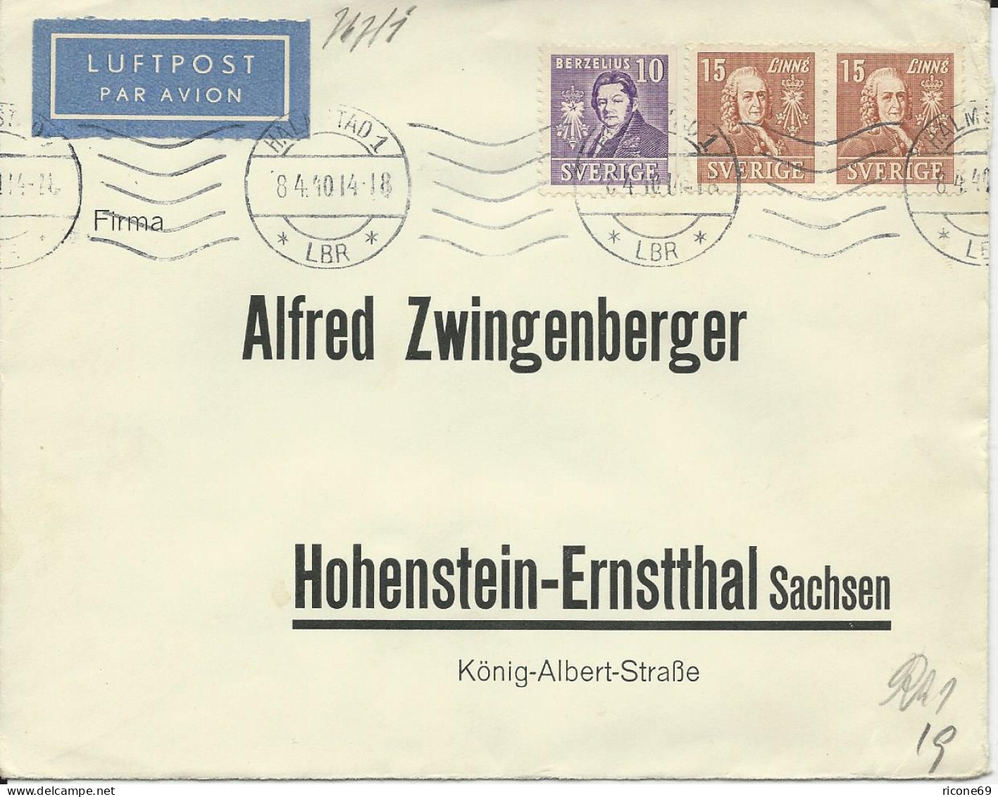 Schweden 1940, Paar 15 öre+10 öre Auf Luftpost Brief V. Halmstad N. Deutschland - Andere & Zonder Classificatie