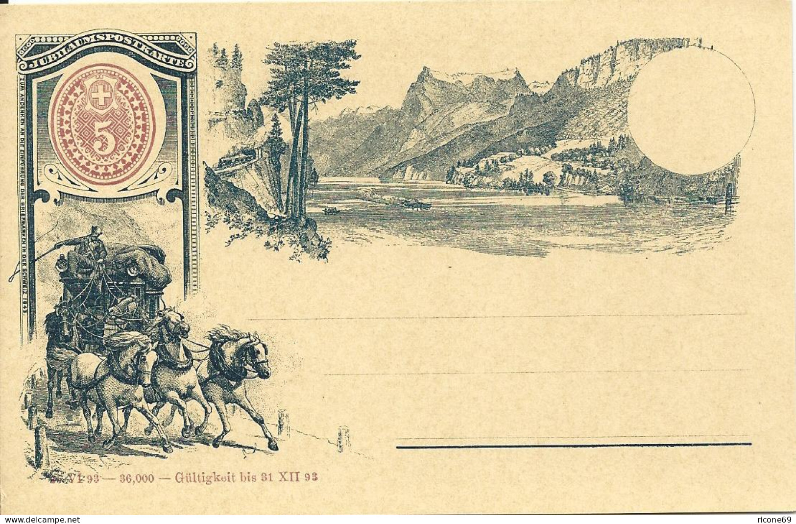 Schweiz 1893, Ungebr. 5 C. Jubiläums Bild Ganzsache M. Pferde Post Kutsche - Diligences