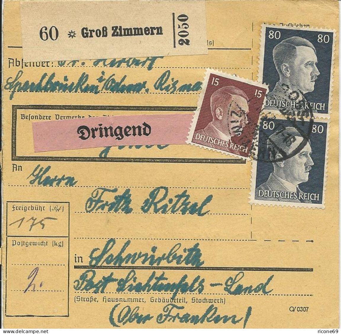 DR 1942, Groß Zimmern, Paketkarte M. DRINGEND Frankatur.  - Cartas & Documentos