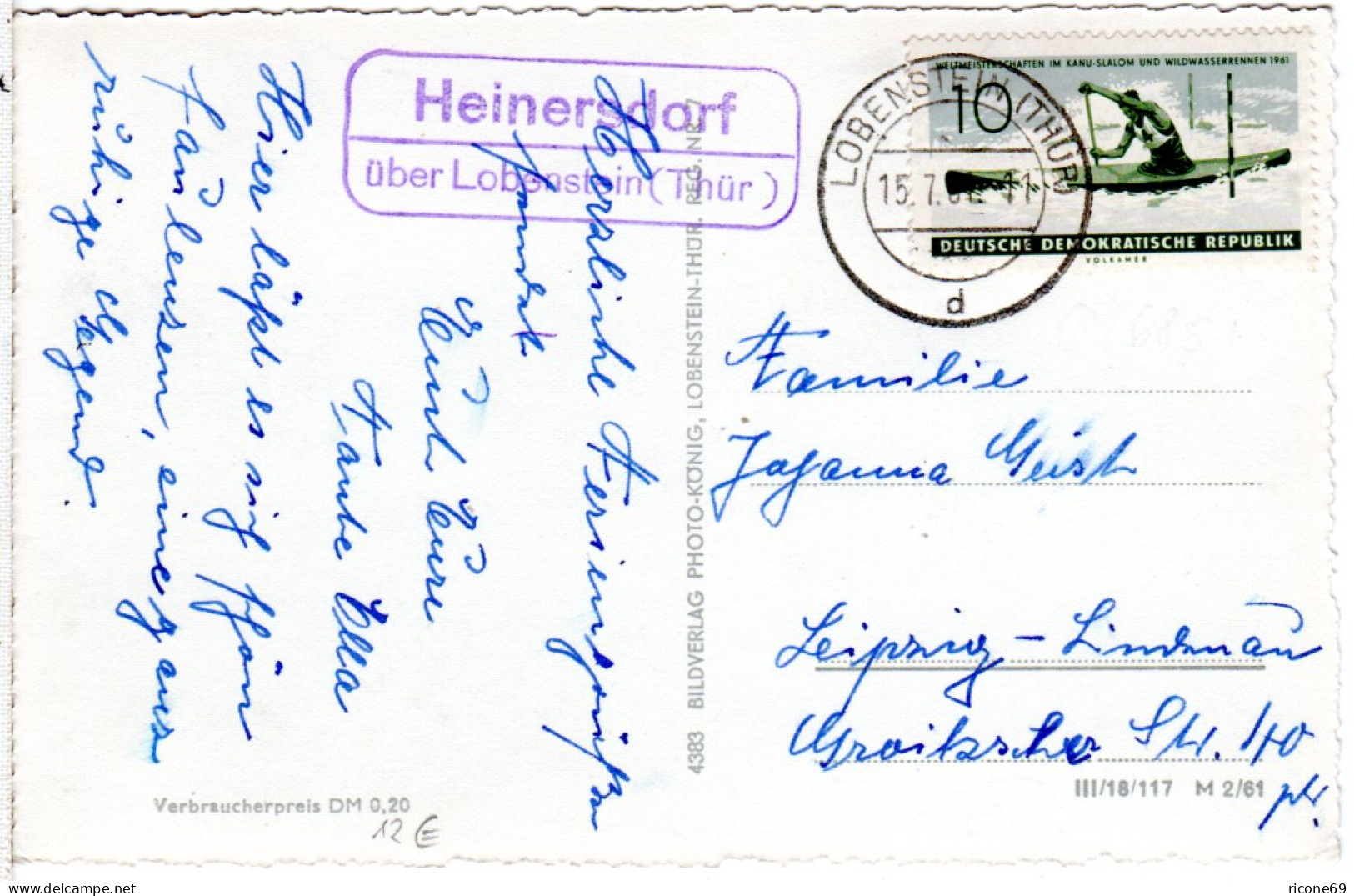 DDR 1961, Landpost Stpl. HEINERSDORF über Lobenstein Auf Karte M. 10 Pf. - Storia Postale