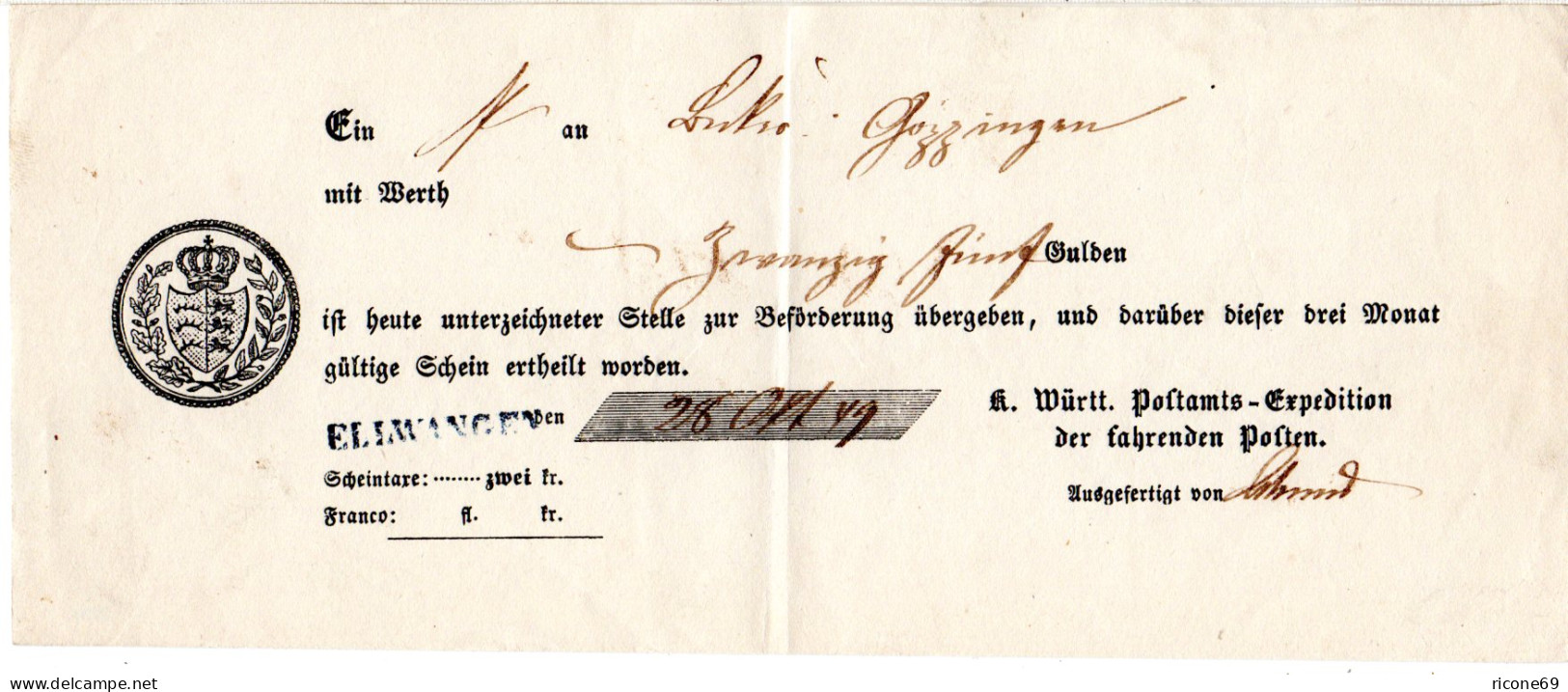 Württemberg 1849, Postschein V. ELLWANGEN - Préphilatélie