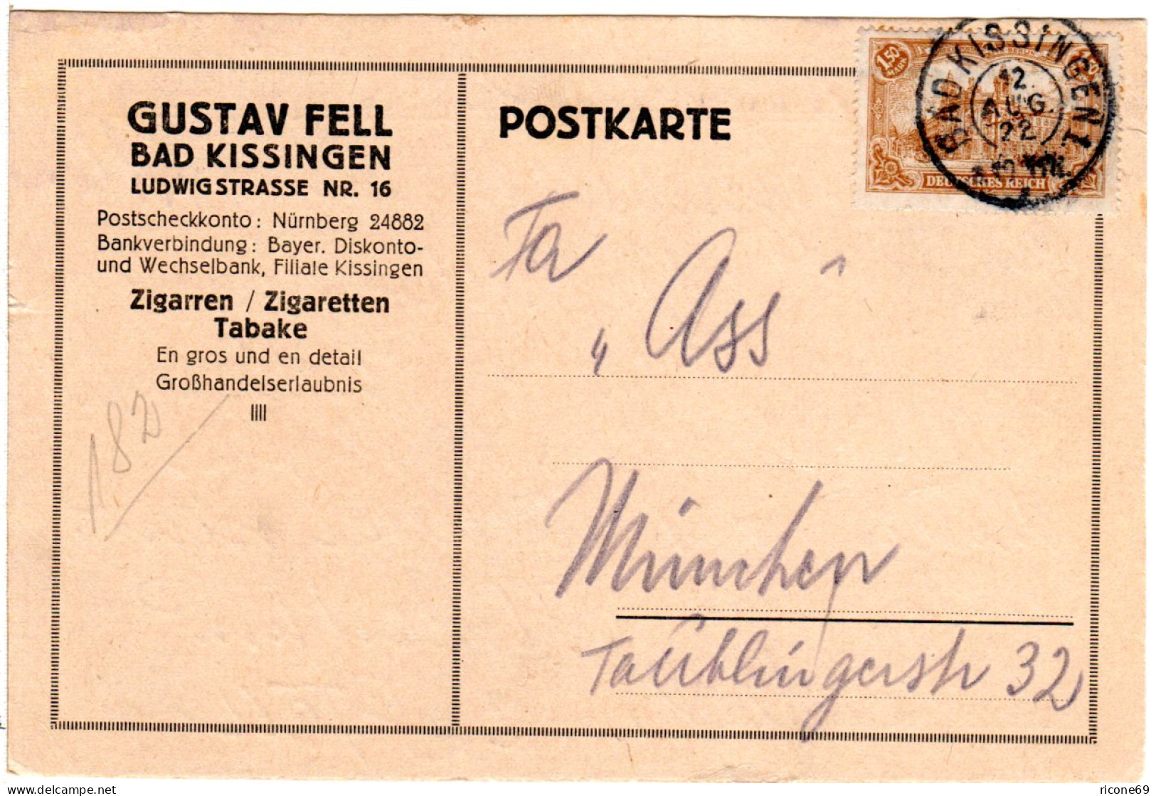 DR 1922, EF 1,50 Mk. Auf Zigaretten/Zigarren Firmenkarte V. Bad Kissingen - Covers & Documents