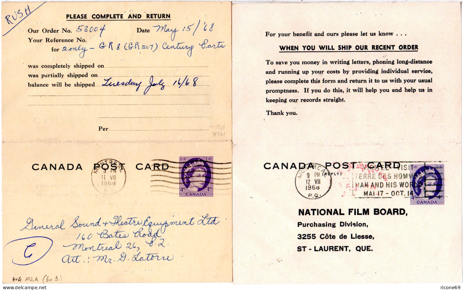 Kanada 1968, Hin U. Her Gebr. 4+4 C. Doppelkarte Ganzsache V. Montreal - Postal History