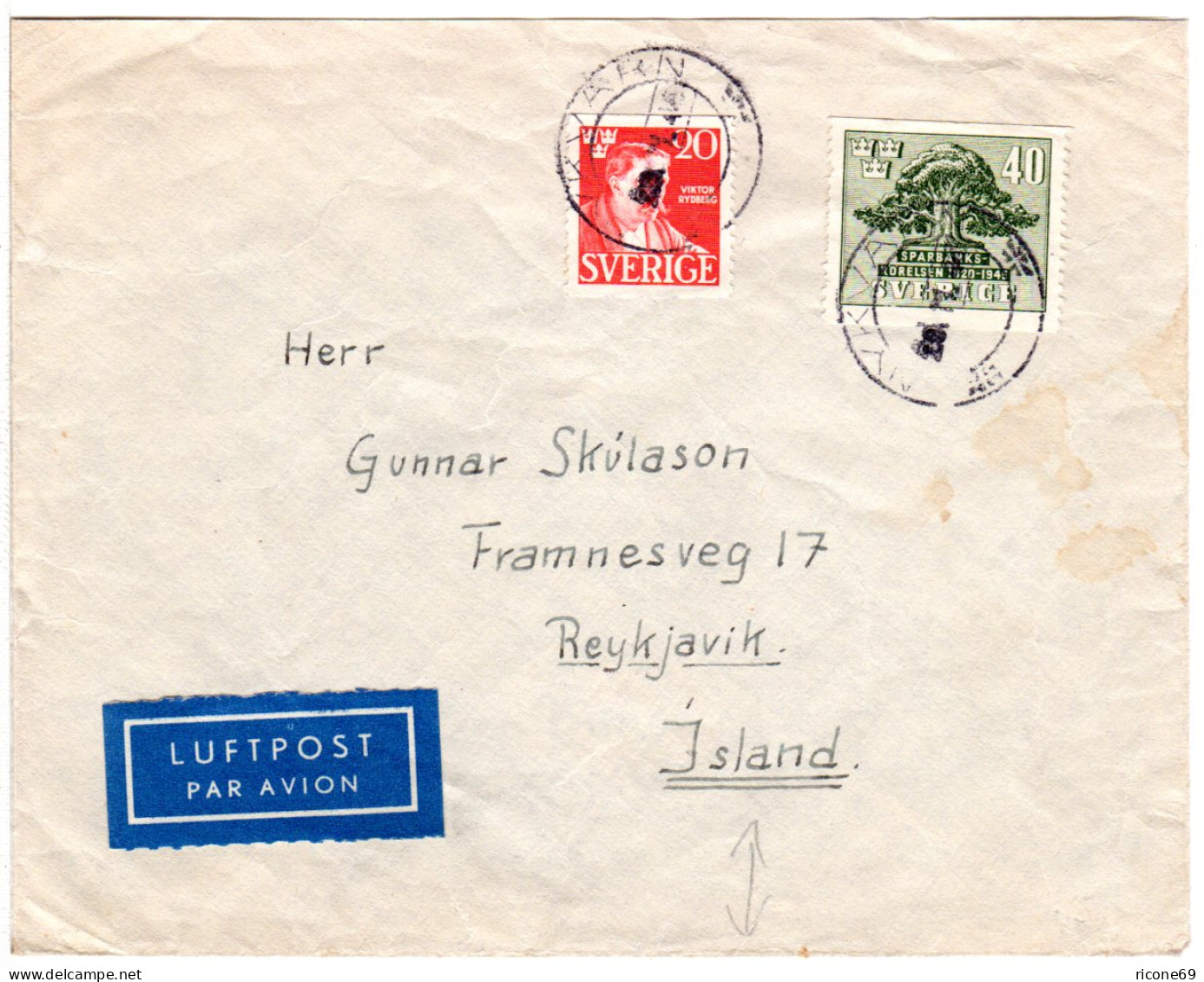 Schweden 1945, 20+40 öre Auf Luftpost Brief V. Nykvarn N. Island. - Covers & Documents