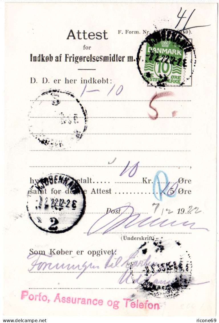 Dänemark 1922, 10 öre Auf Postformular Quittung V. Kopenhagen - Sonstige & Ohne Zuordnung