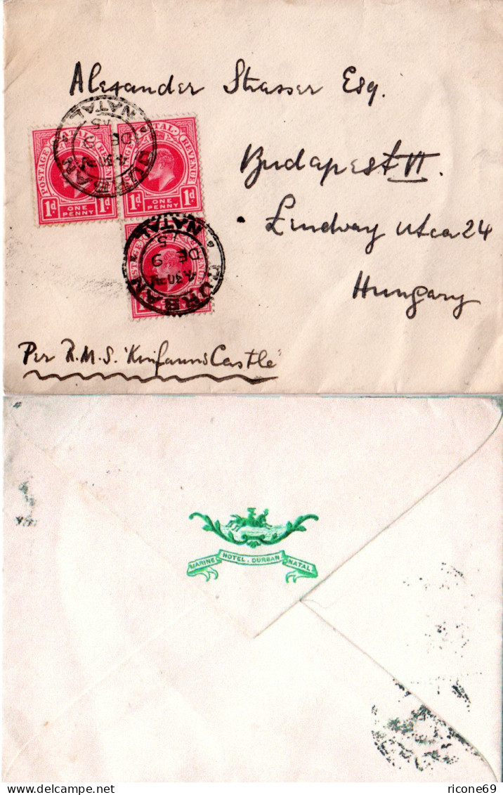 Natal 1905, 3x 1d Auf Hotel Schiffs Brief V. Durban N. Ungarn. - Andere & Zonder Classificatie