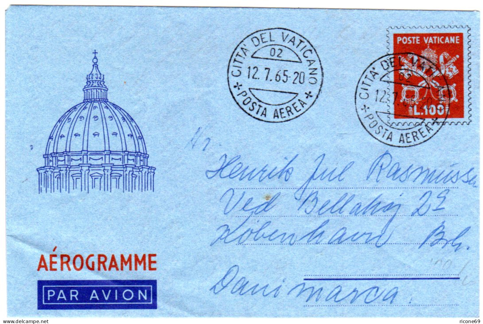 Vatikan 1965, 100 L. Aerogramm In Sauberer Vewendung Nach Dänemark - Covers & Documents