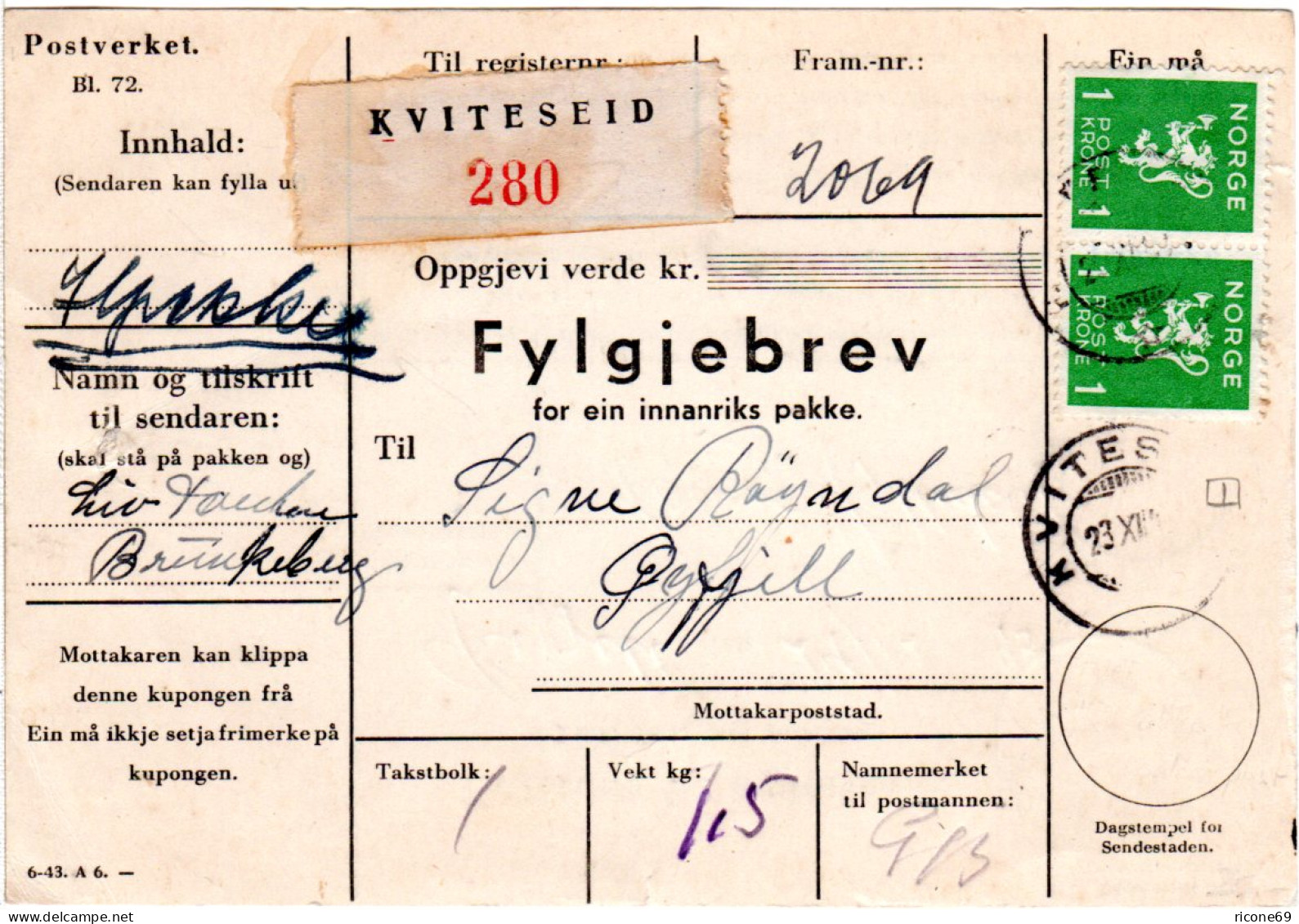 Norwegen 1943, Paar 1 Kr. Auf Ilpakke Paketkarte V. Kviteseid. - Storia Postale