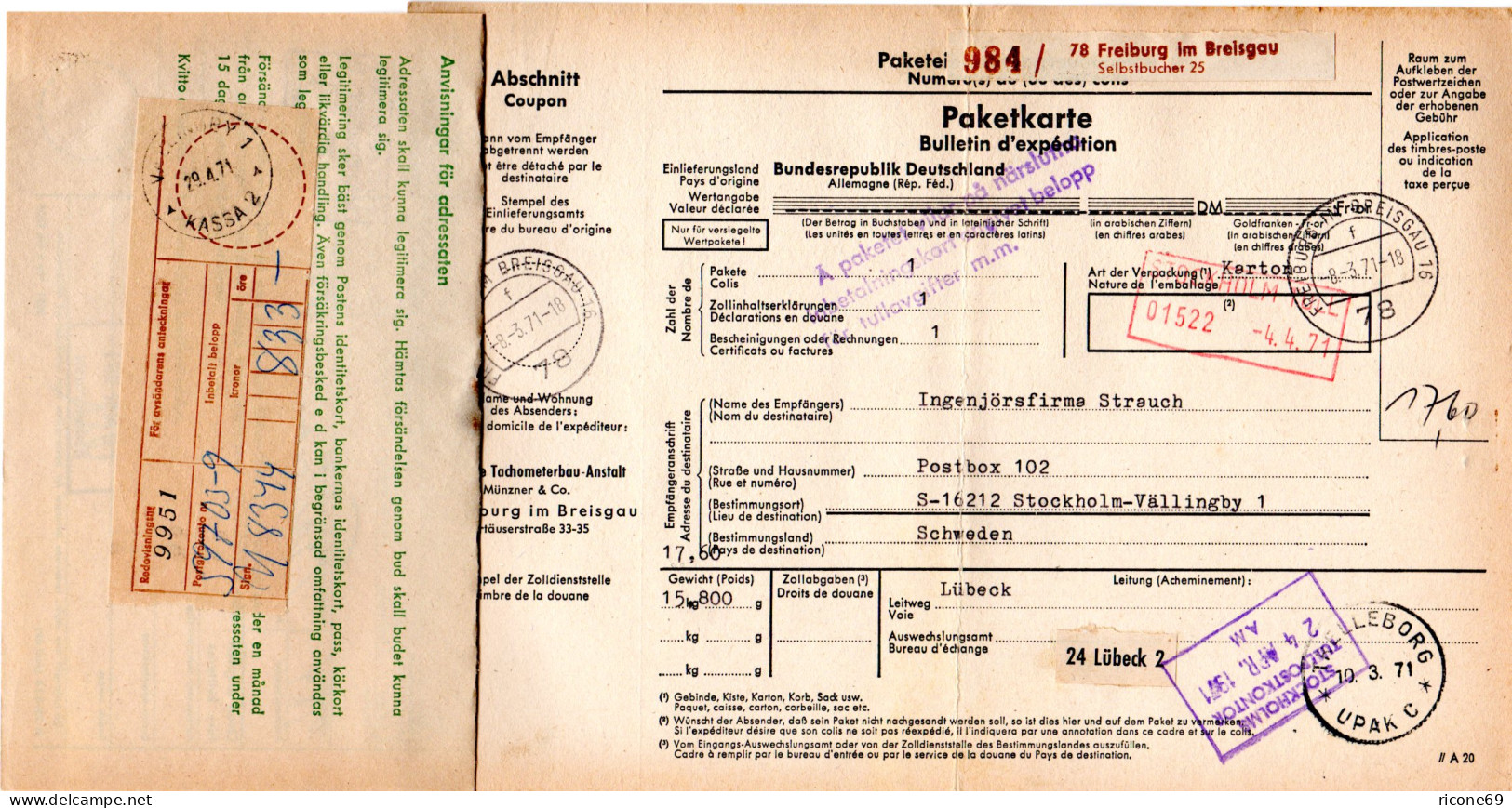 BRD 1971, Auslandspaketkarte V. FREIBURG M. Schweden Gebührenzettel - Brieven En Documenten