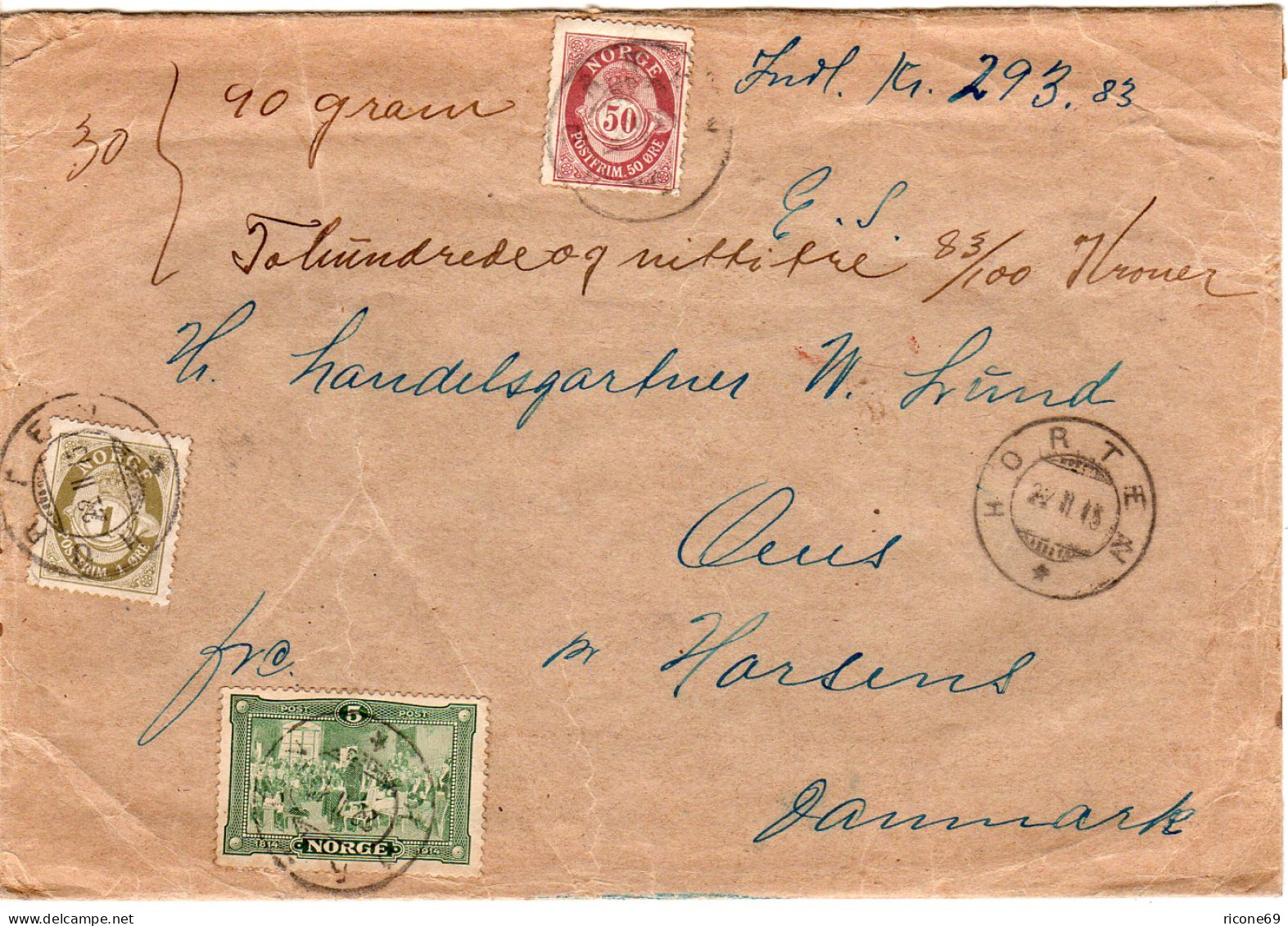 Norwegen 1915, 1+5+50 öre Auf Gesiegeltem Wert Brief V. HORTEN N. Dänemark - Lettres & Documents