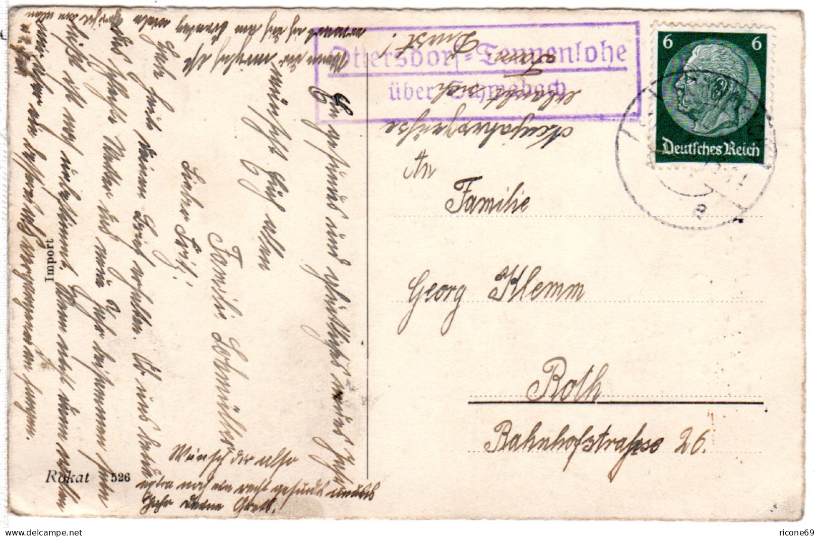 DR 1943, Landpost Stpl. OTTERSDORF-TENNENLOHE über Schwabach Auf Karte M. 6 Pf.  - Lettres & Documents