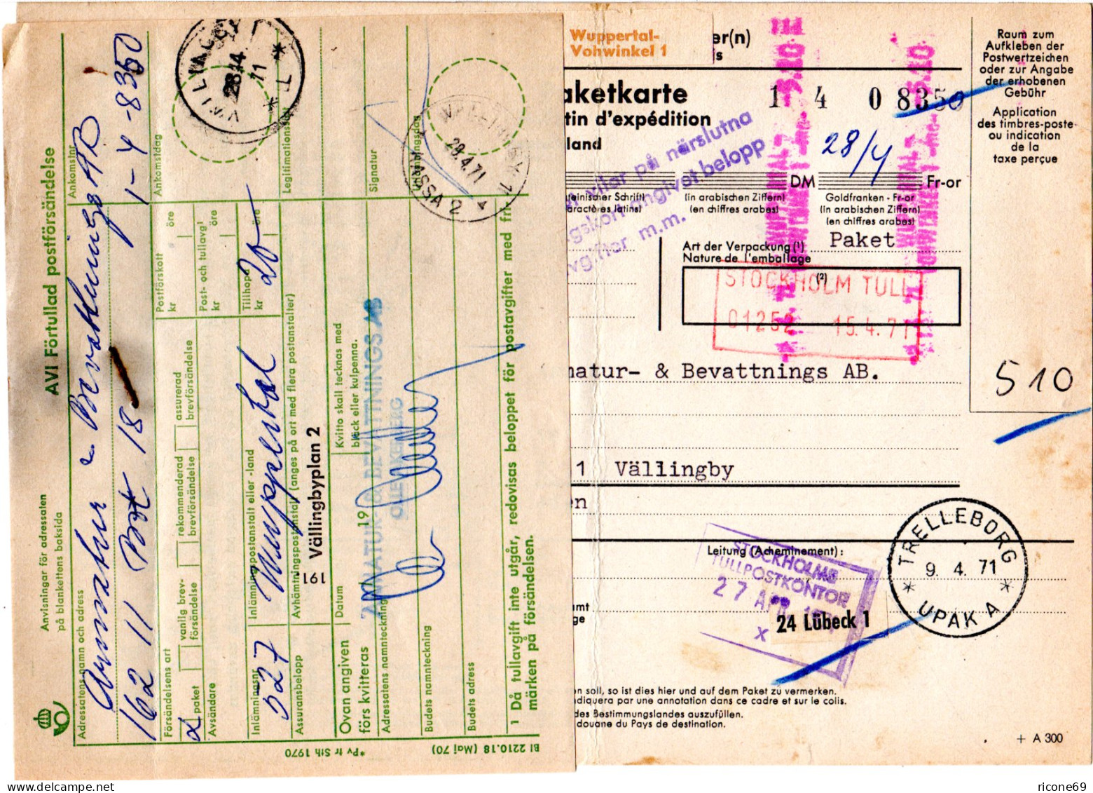 BRD 1971, Auslandspaketkarte V. Wuppertal Vohwinkel M. Schweden Gebührenzettel - Storia Postale