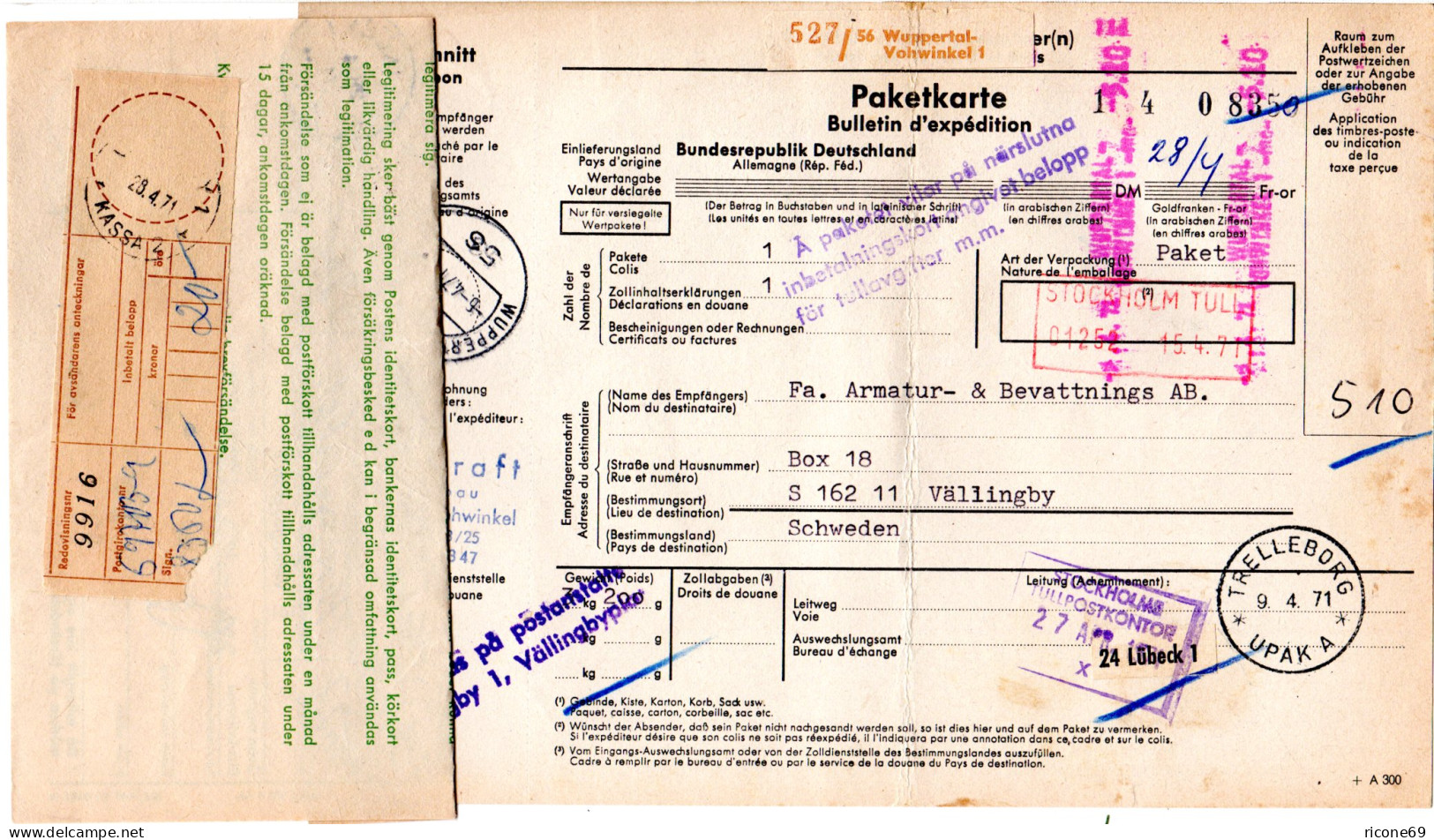 BRD 1971, Auslandspaketkarte V. Wuppertal Vohwinkel M. Schweden Gebührenzettel - Lettres & Documents