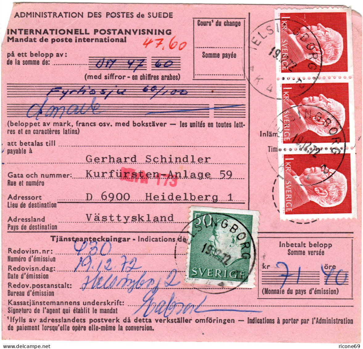 Schweden 1972, 3x Kr+50 öre Auf Int. Postanweisung V. Helsingborg N. Deutschland - Altri & Non Classificati