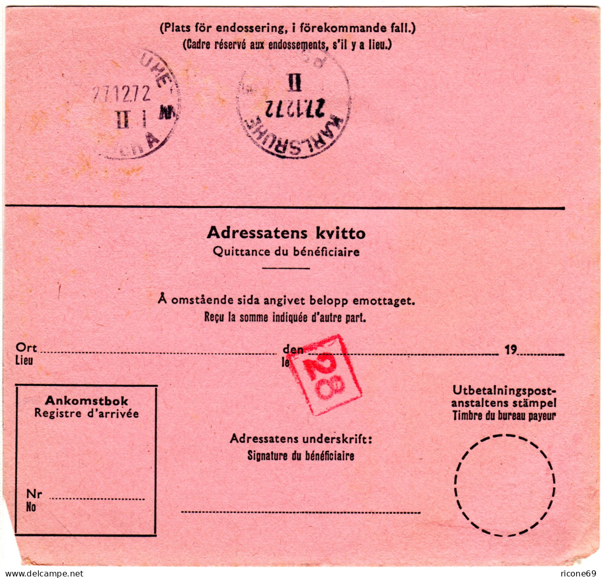 Schweden 1972, 3x Kr+50 öre Auf Int. Postanweisung V. Helsingborg N. Deutschland - Autres & Non Classés