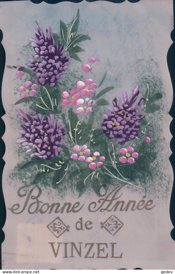 Bonne Année De Vinzel VD, Carte En Bakélite, Fleurs, Litho (31.12.13) - Vinzel