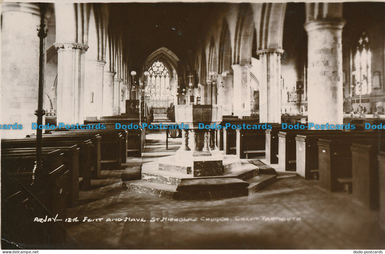 R076506 Arjay. Font And Nave. St. Nicholas Church. Great Yarmouth. RP. 1936 - World