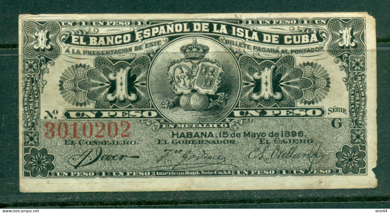 Cuba 1896  Billet  1P   Queen Regent Maria Cristina  N° 3010202 G    American Bank Note  TB - Kuba
