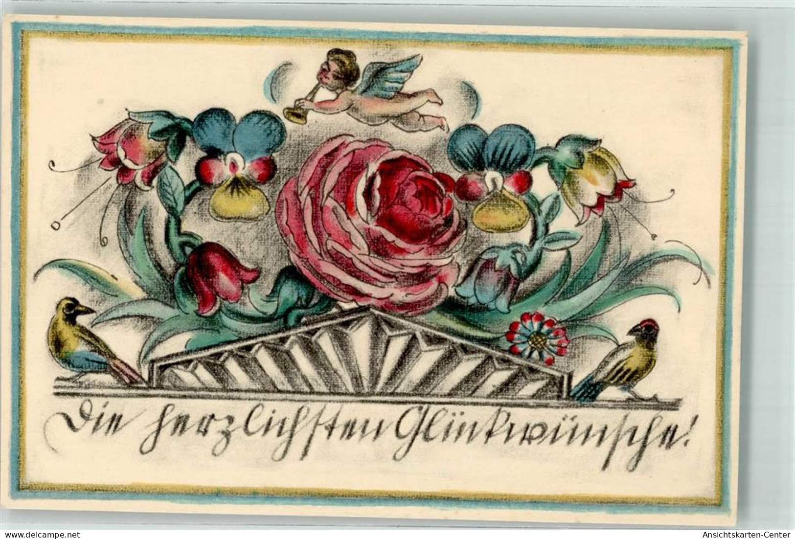 39700408 - Glueckwunschkarte Engel Blumen Voegel Sign. Schaer - Andere & Zonder Classificatie