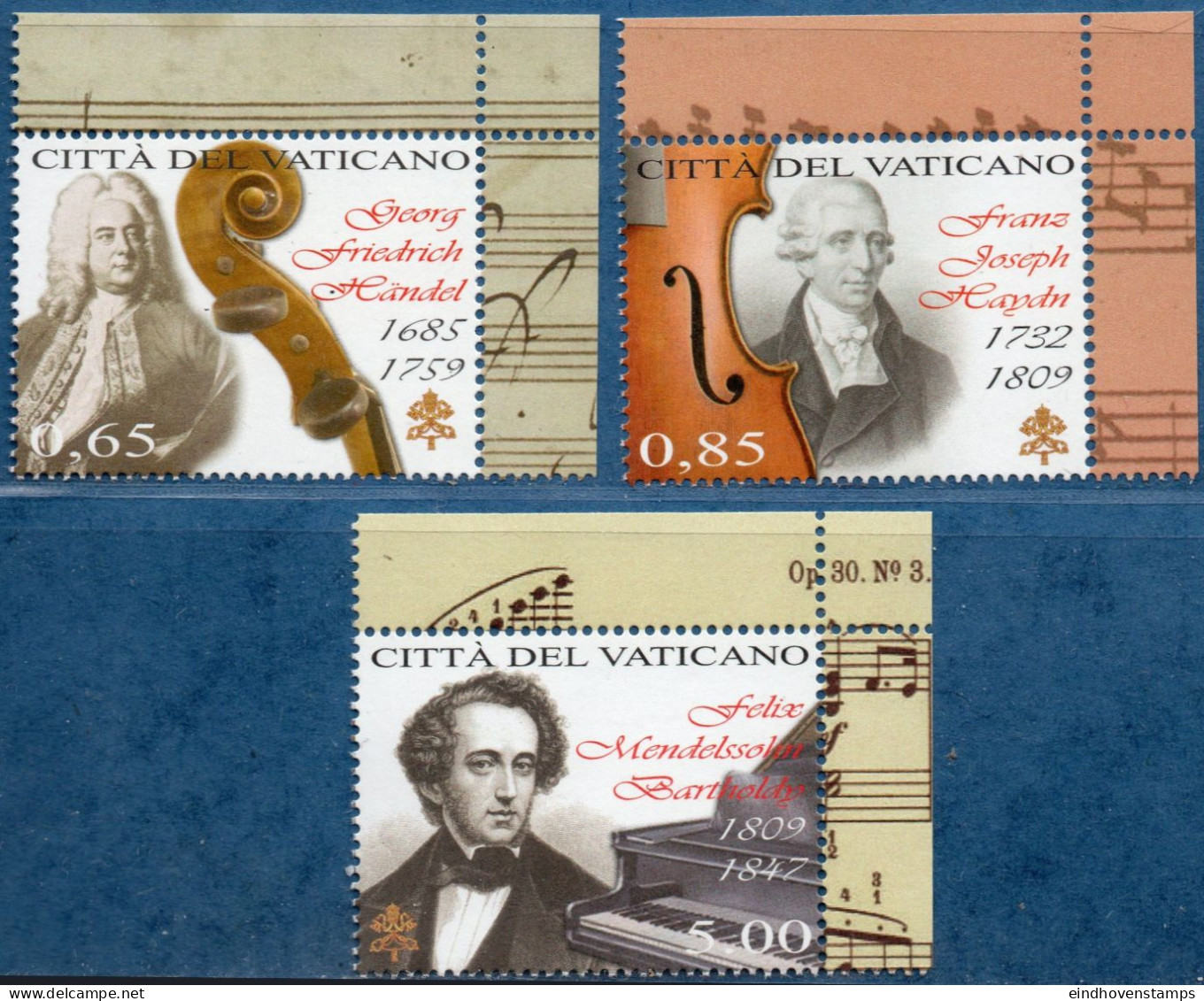 Vatican 2009 Music Day, Händel, Haydn, Medelsohn 3 Values MNH Composers, Violin, Cello, Piano - Music