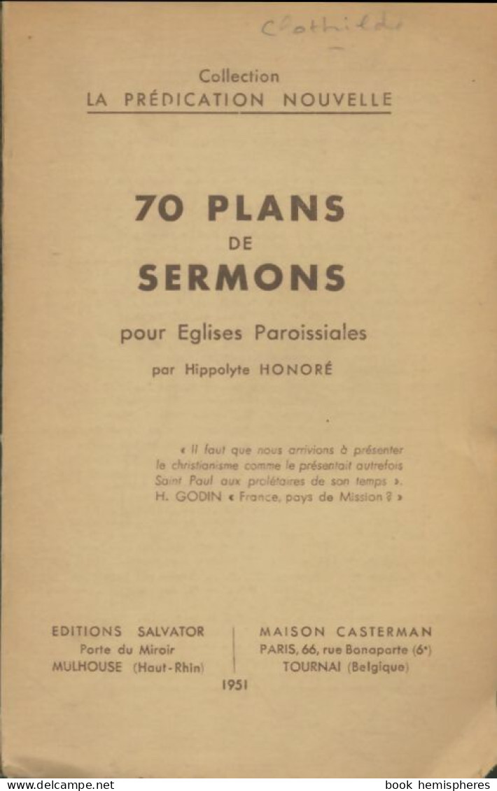 70 Plans De Sermons Pour Eglises Paroissiales  (1951) De Hippolyte Honoré - Religion