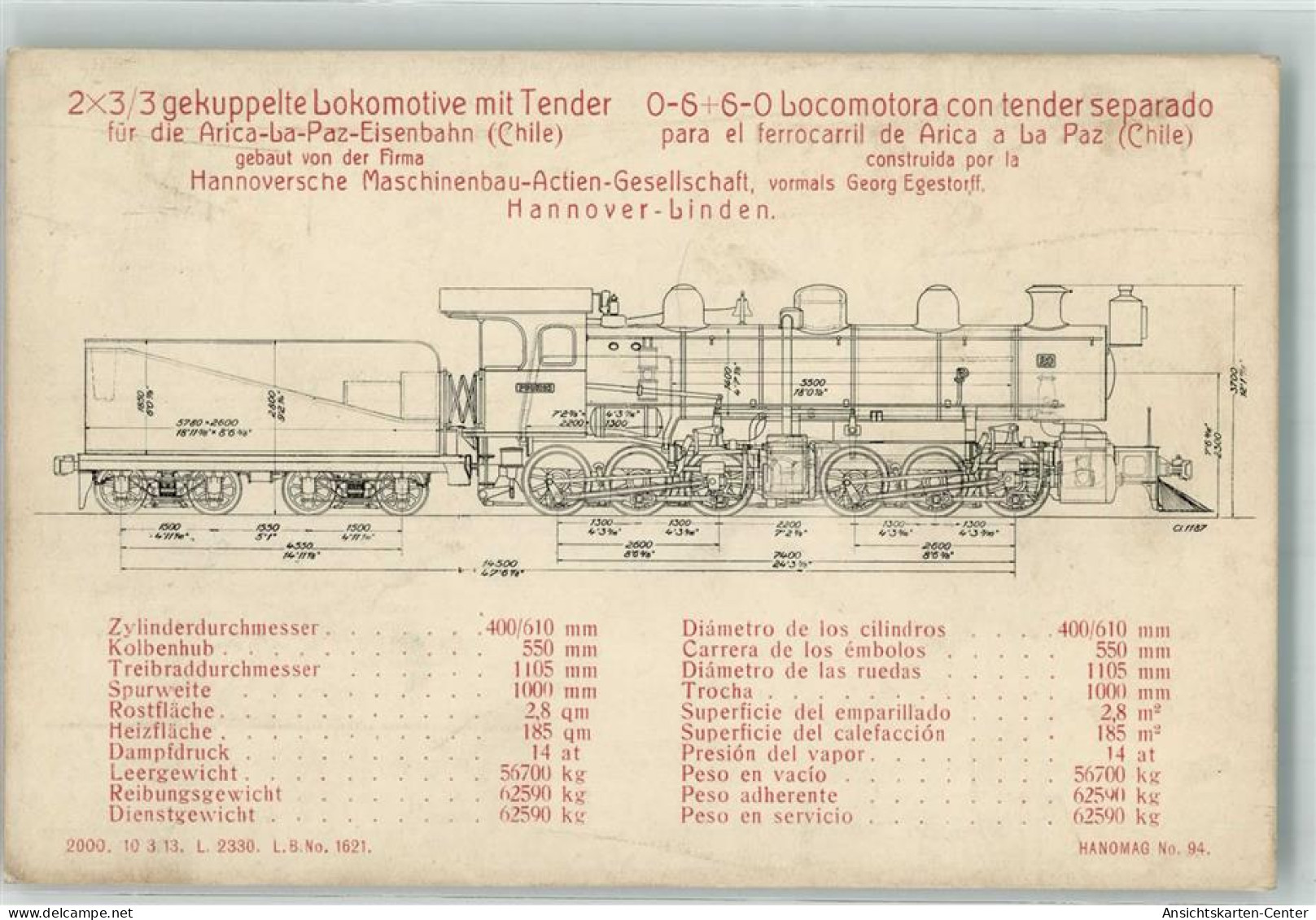 13531808 - Hanomag Nr. 94 Arica-La-Paz Eisenbahn Chile - Trenes