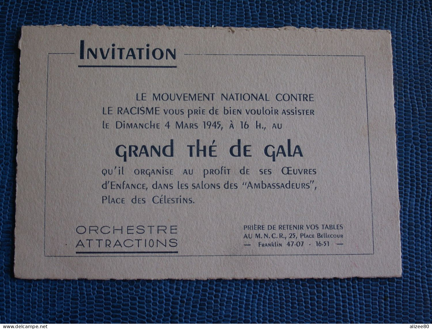 INVITATION  -//  Contre  Le  Racisme GRAND  THE  DE  GALA Salon Des Ambassadeurs  Place  Bellecour - Programs