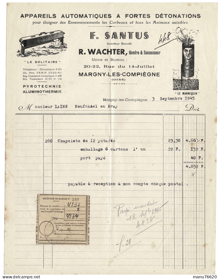 Facture , Document , Courrier : F. Santus , Margny Les Compiègne Envoyé à Neuchâtel En Bray - France . - 1950 - ...