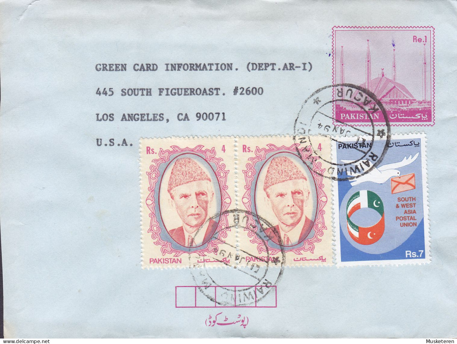 Pakistan Uprated Postal Stationery Ganzsache RAIWIND MANDI Kacur 1994 Cover Brief USA South & West Asia Postal Union - Pakistán