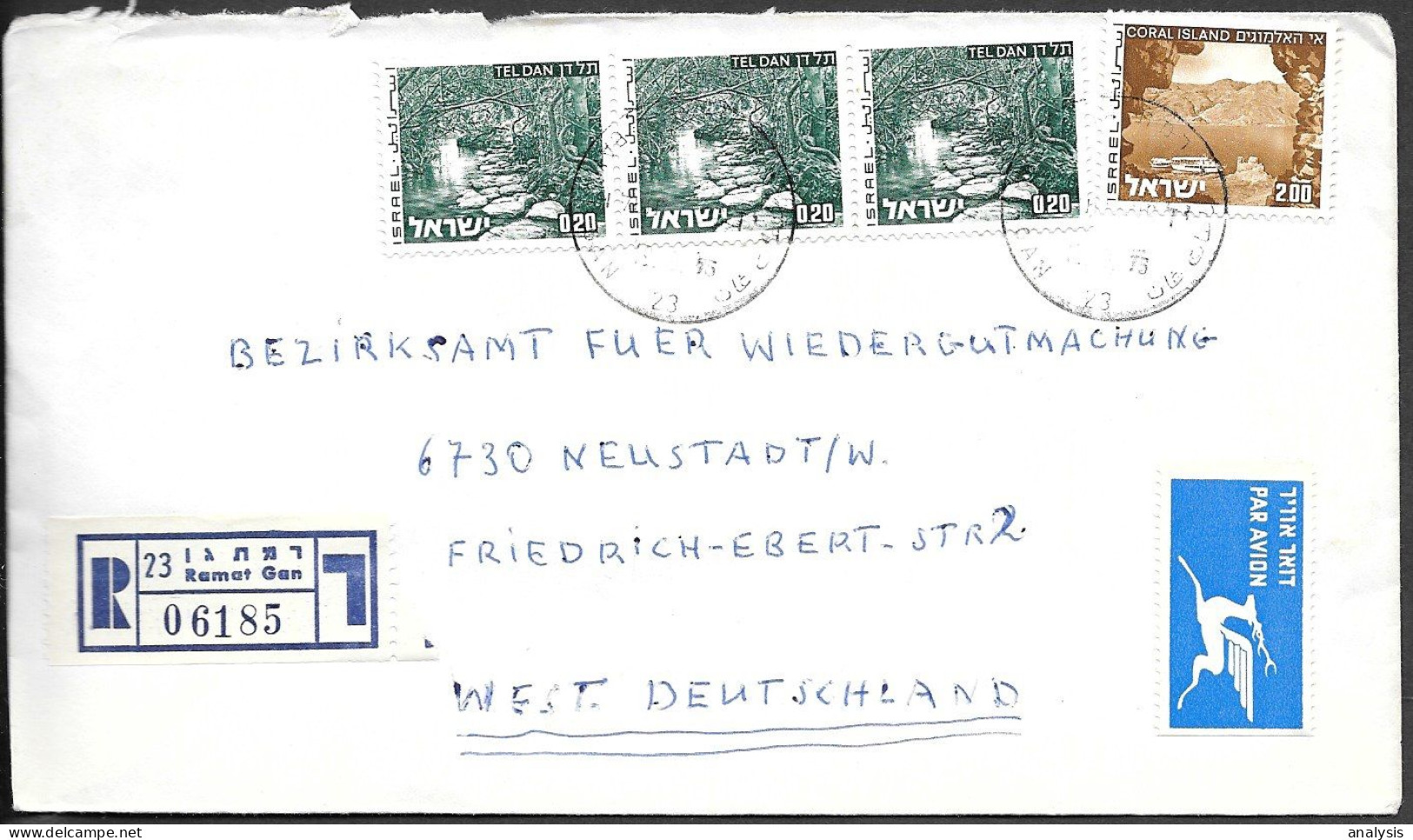 Israel Ramat Gan Registered Cover Mailed To Germany 1975. 2.60L Rate Tel Dan Coral Island Stamps - Covers & Documents