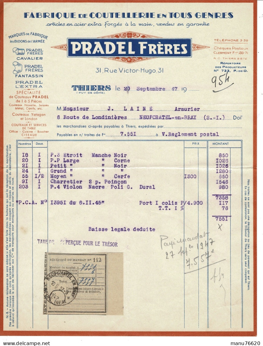 Facture , Document , Courrier : Pradel Frères à Thiers , Envoyé à Neuchâtel En Bray - France . - 1950 - ...