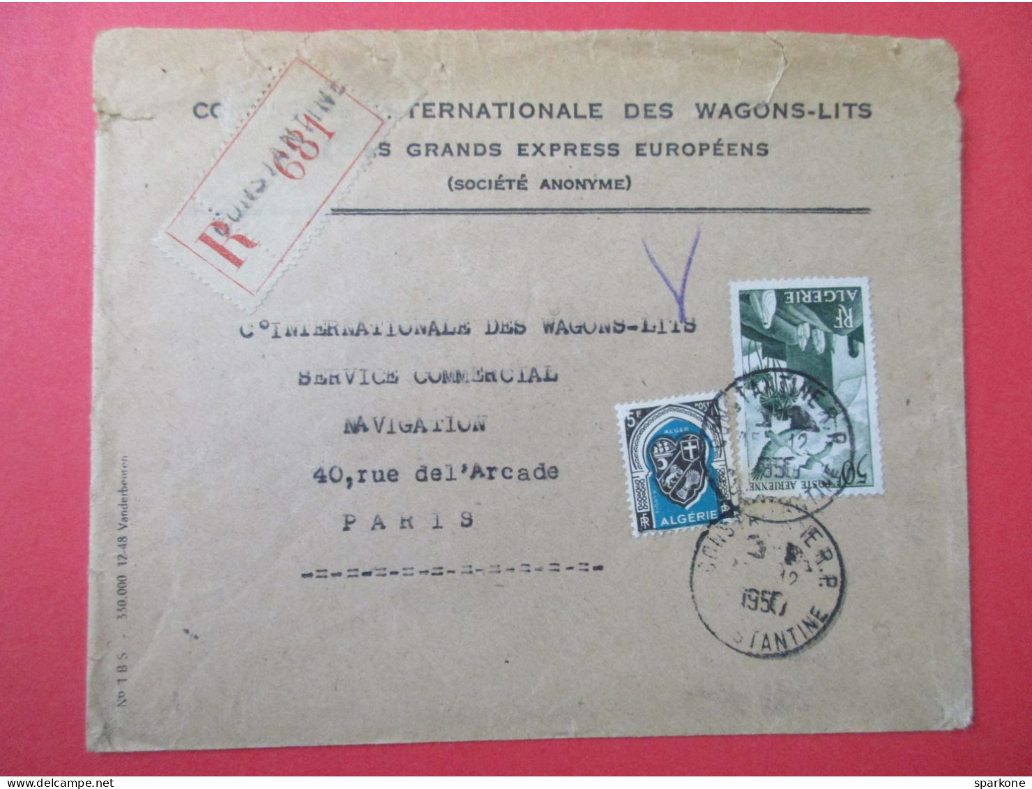 Marcophilie - Enveloppe Commerciale - Algérie Vers Paris - Compagnie Internationale Des Wagonts-Lits - Recommandé - Cartas & Documentos